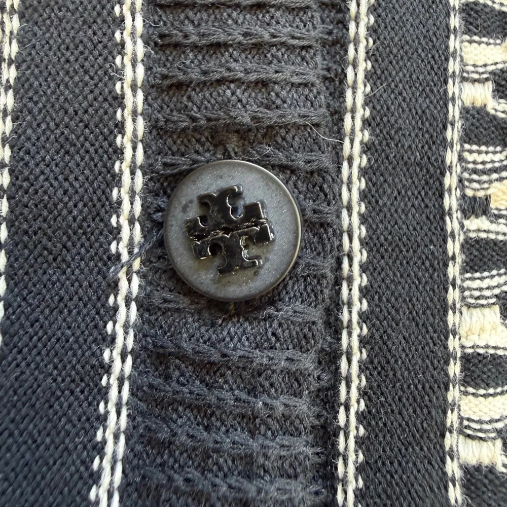 Tory Burch Black White Mixed‎ Pattern Knit Cardigan Sweater XL Cotton Blend Logo